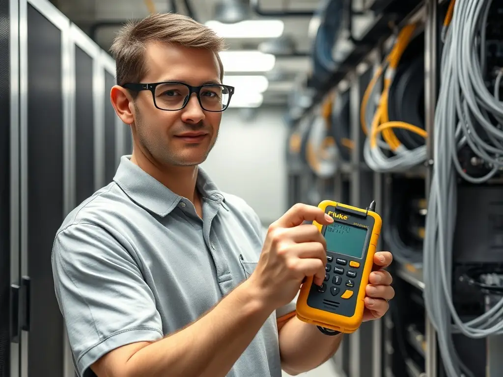 An image of a DataTel 360 technician using a Fluke tester to certify a newly installed fiber optic cable, emphasizing their commitment to quality and compliance.