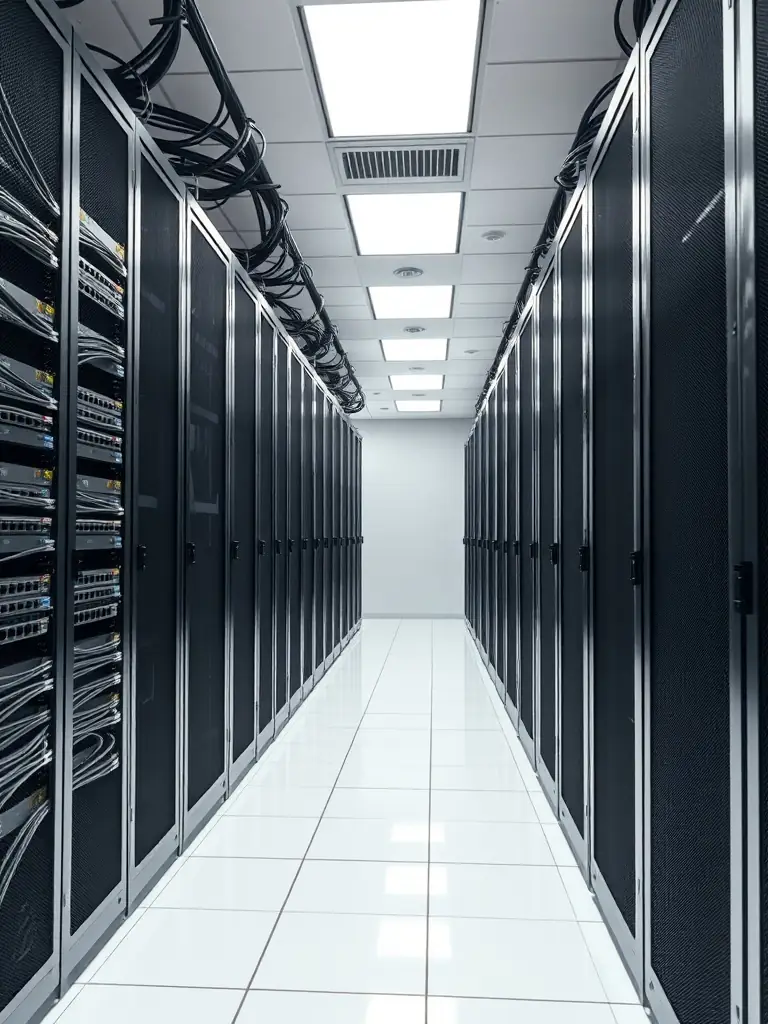 A brightly lit server room with neatly organized and labeled cable racks, showcasing the order and efficiency of structured cabling.