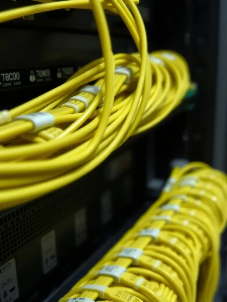 A close-up image of neatly installed and labeled Cat6 cables in a server room, demonstrating DataTel 360's commitment to clean installation practices, proper labeling, and adherence to TIA-568 standards.