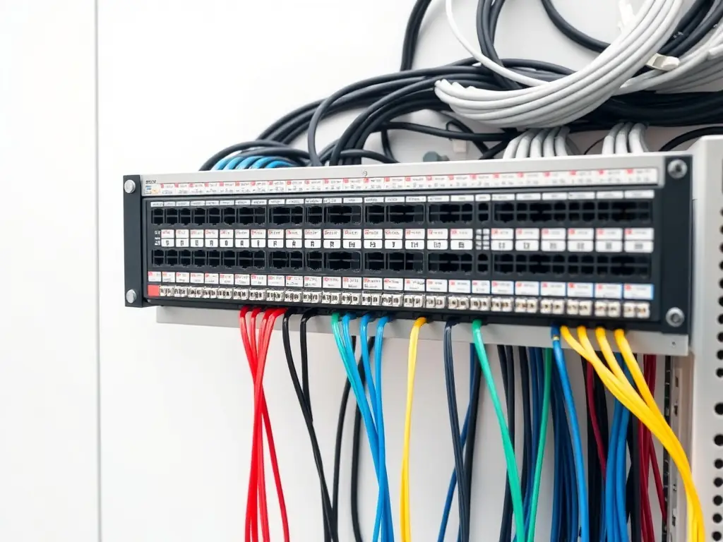 A clean and well-labeled patch panel in a telecom room, highlighting the importance of clear identification and easy access for maintenance and troubleshooting.