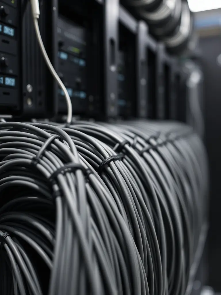 A close-up of well-managed cables in a data center, emphasizing DataTel 360's cable management expertise.