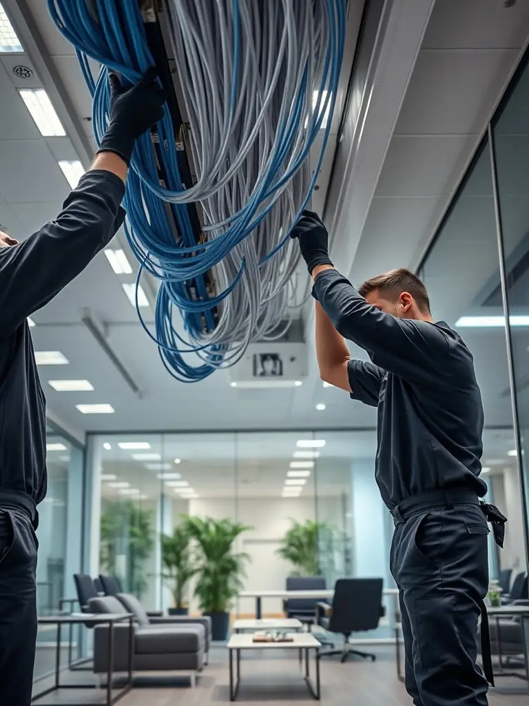 Technicians installing structured cabling in a modern office environment, emphasizing the professional installation process.