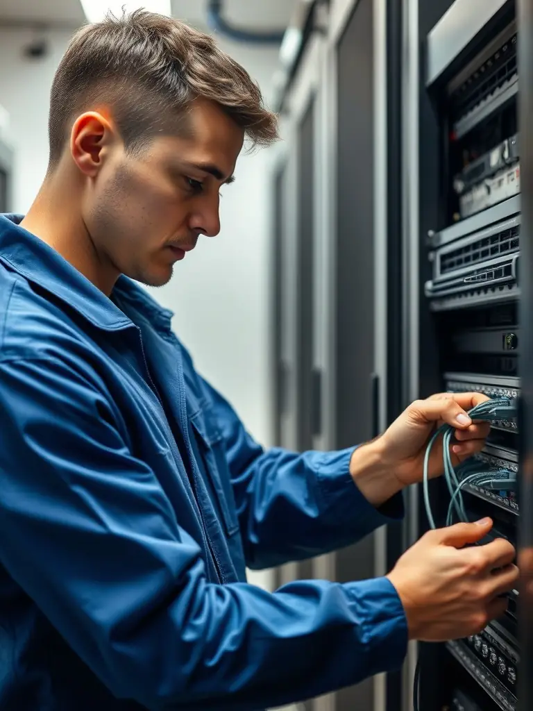 A technician working on network cabling, showcasing the professional installation and maintenance services provided by DataTel 360.