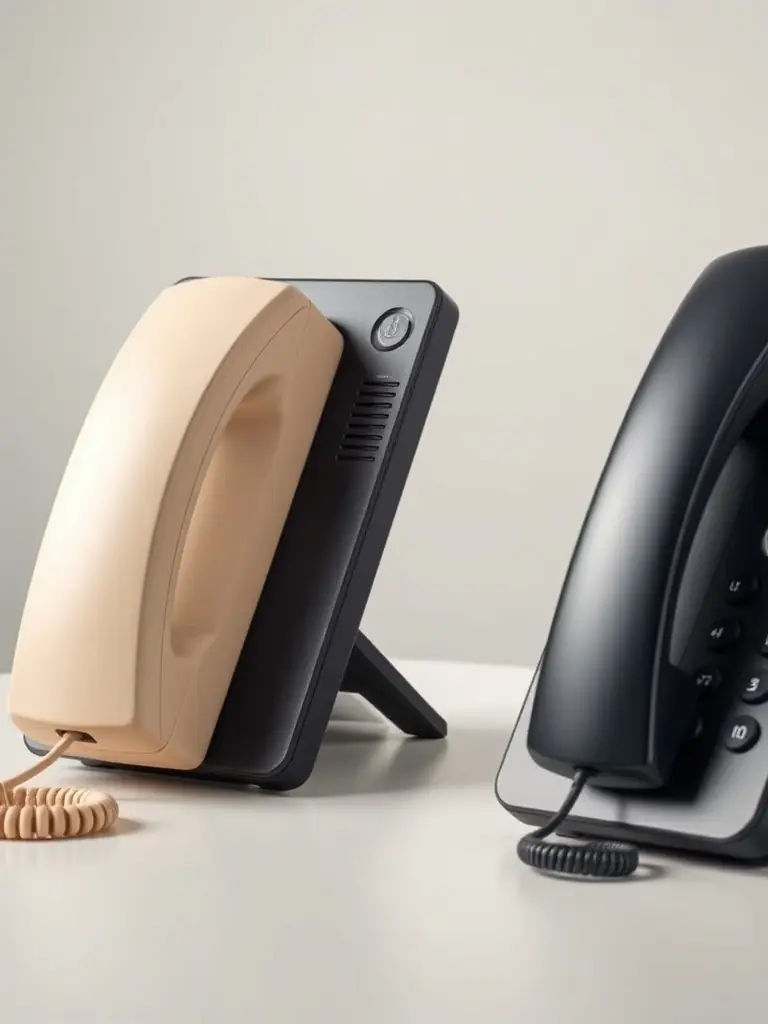 A split image showing an old analog phone on one side and a sleek, modern IP phone (Yealink/Fanvil) on the other, highlighting the hardware transition.