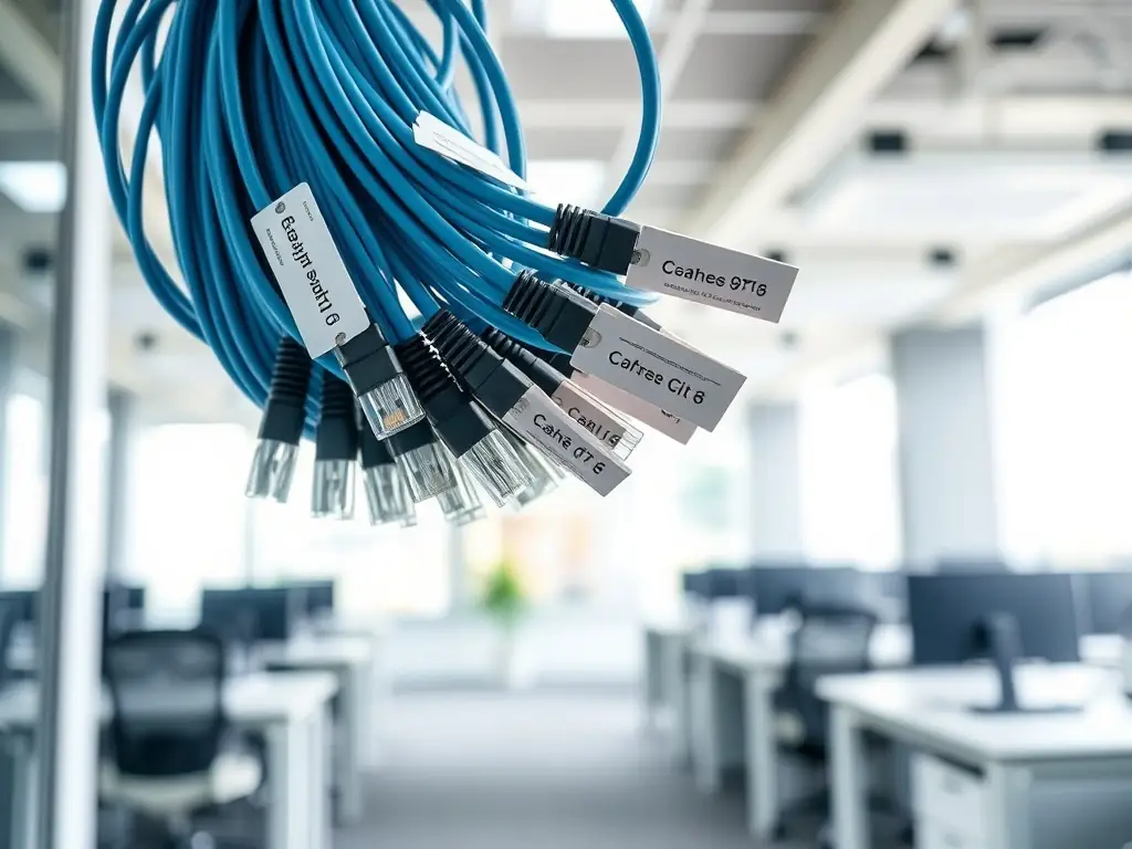 A clean and organized Cat6 cabling installation in a modern office environment, showcasing labeled cables and neat cable management.