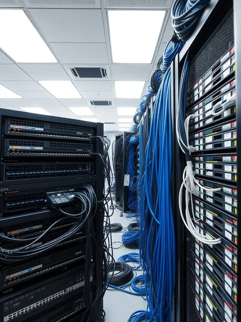 A well-organized server rack with neatly installed network equipment, showcasing proper cable management and cooling solutions.