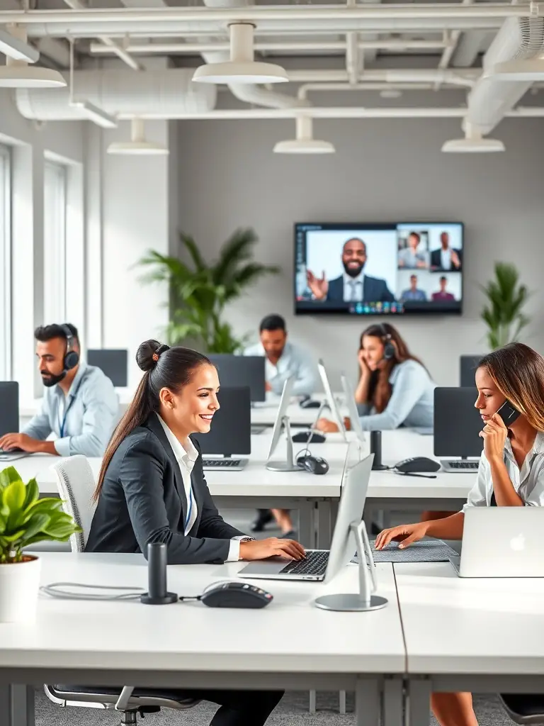 A modern office space with employees collaborating seamlessly using VoIP phones and video conferencing, showcasing improved communication.
