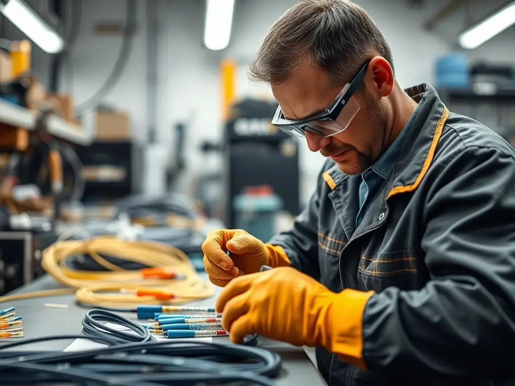 A technician splicing and terminating fiber optic cables, highlighting the precision and expertise involved in fiber optic installations.