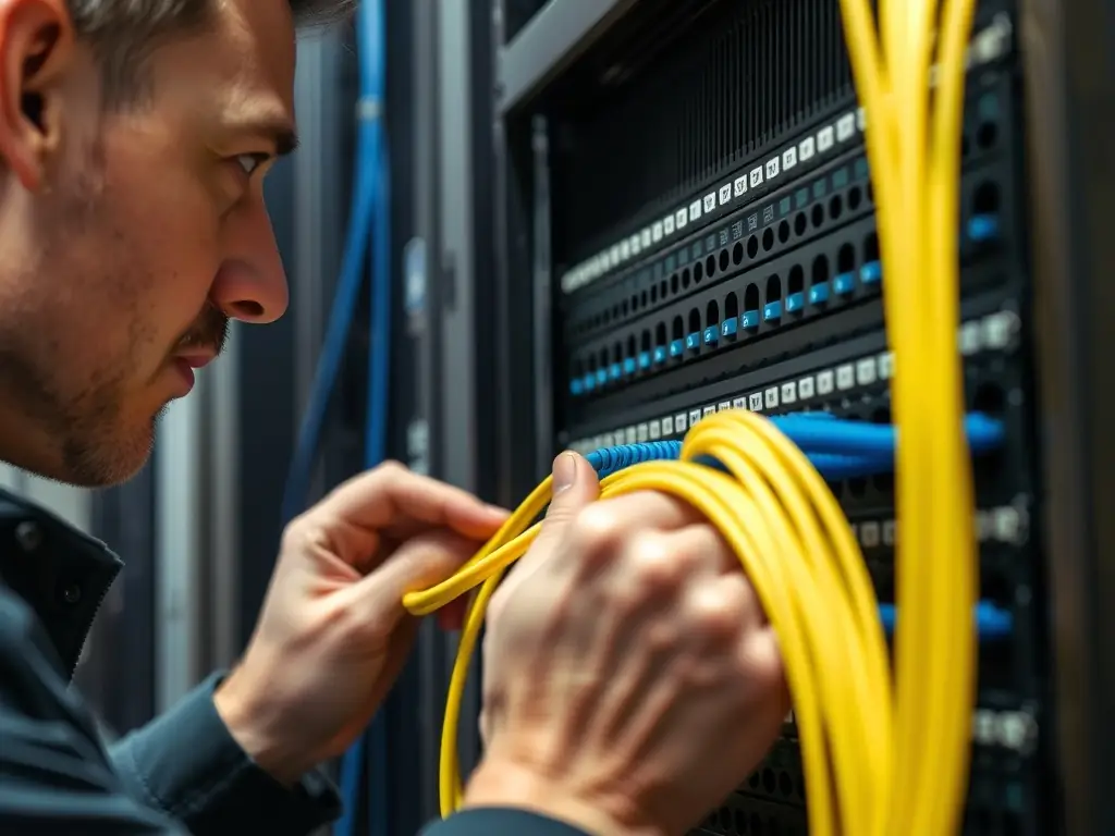 A detailed close-up shot of a technician expertly installing Cat6A cables in a server room, showcasing precision and attention to detail.
