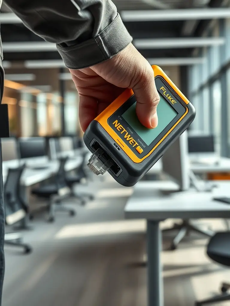 A close-up shot of a network cable being meticulously tested with a Fluke testing device, ensuring TIA-568 compliance, in a modern office setting.