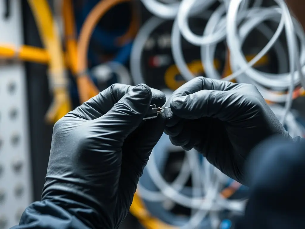 A close-up shot of a technician splicing fiber optic cables, showcasing the precision and expertise involved in DataTel 360's fiber optic installations.