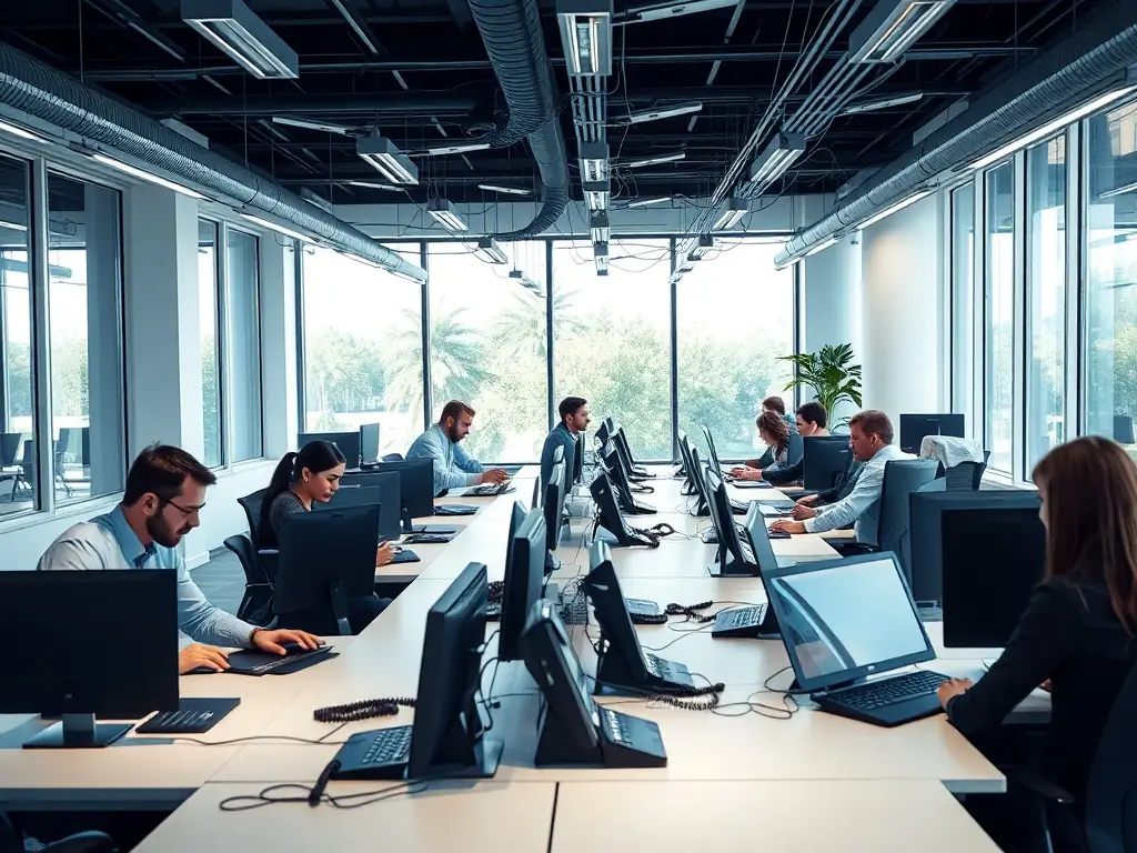 A modern office space with employees collaborating seamlessly using VoIP phones and a well-organized network cabling system, showcasing improved communication.