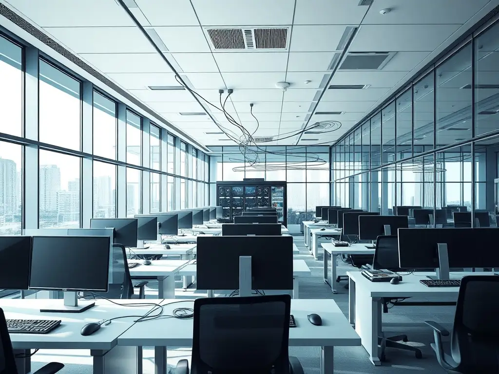 A wide shot of a modern office space with seamless network connectivity, illustrating the scalability and adaptability of DataTel 360's cabling solutions.