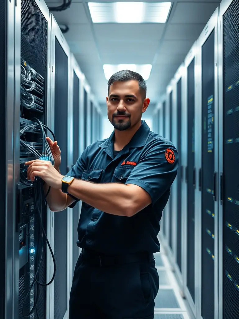 A professional IT technician in a clean uniform efficiently installing network cables in a server room, showcasing DataTel 360's expertise and attention to detail.