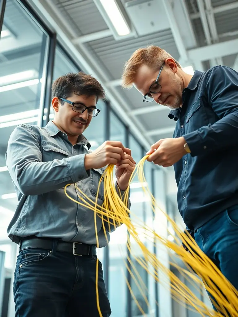 An image of technicians installing and splicing fiber optic cables with precision in a commercial building.