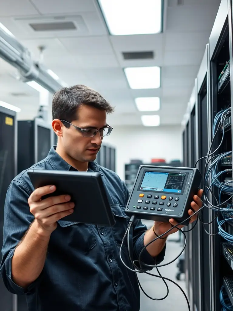 A DataTel 360 technician using a network analyzer to test and certify newly installed cabling in a College Park, GA business, verifying performance and compliance.