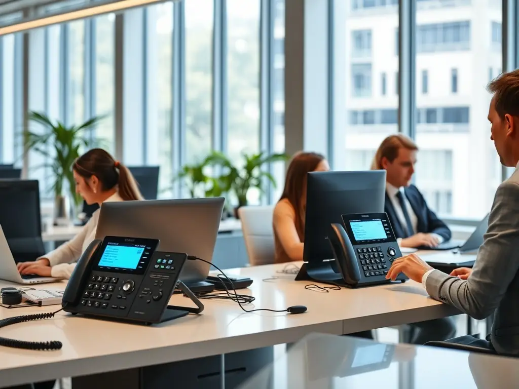 A professional office setting with employees collaborating seamlessly, showcasing advanced call routing features on their devices.