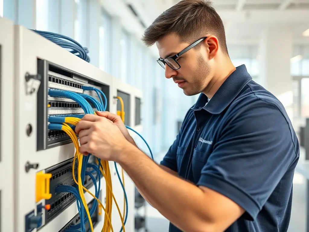 A network technician carefully connecting and configuring phone system cables in a new office location, highlighting the precision and expertise involved in DataTel 360's relocation services.