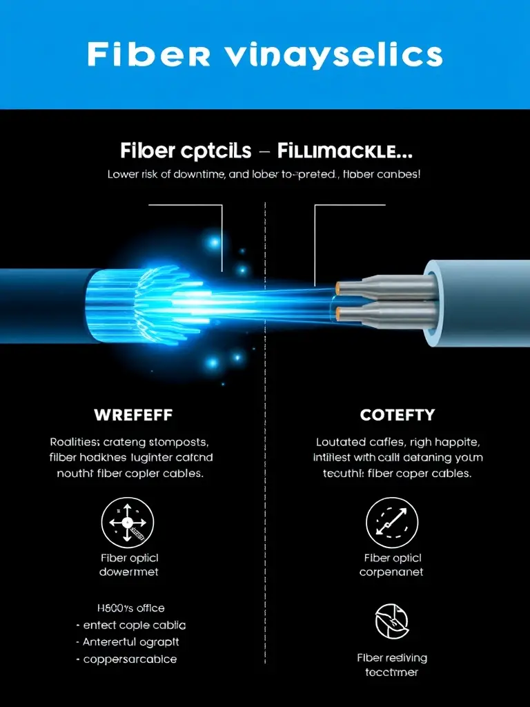 A diagram illustrating the reliability of fiber optic cables compared to copper cables, highlighting the reduced risk of downtime.