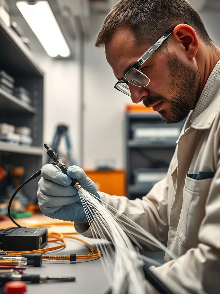 An image of a technician splicing fiber optic cables with precision tools in a clean, well-lit environment. The focus is on the delicate nature of fiber optic work.