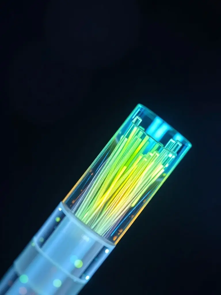 A close-up shot of a fiber optic cable glowing with light, symbolizing high-speed data transmission for DataTel 360's infrastructure solutions.