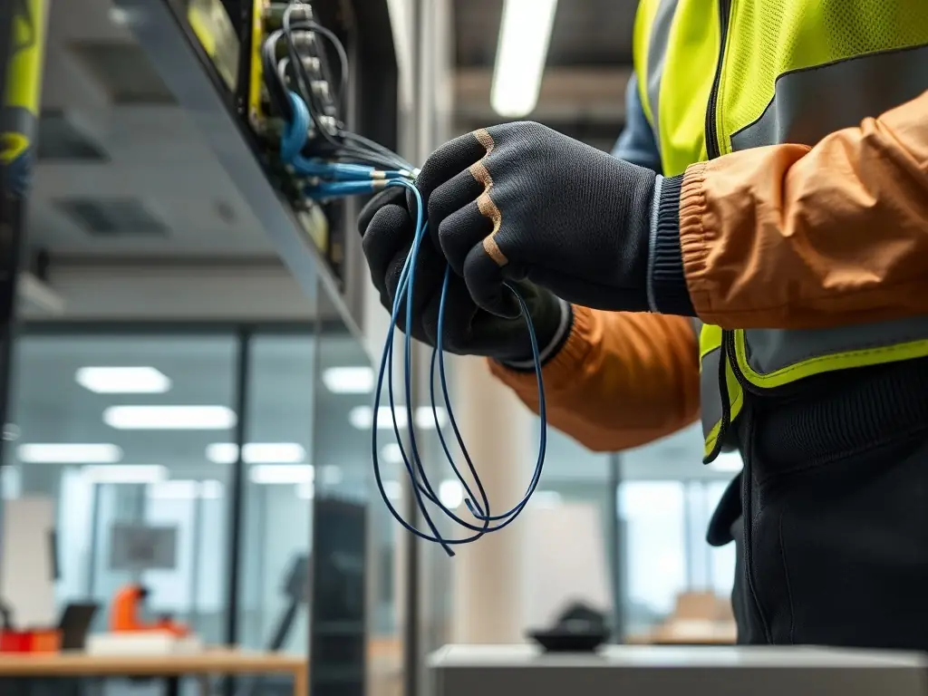 A technician performing fiber optic cable installation in a commercial building, showcasing the precision and care taken during the process.