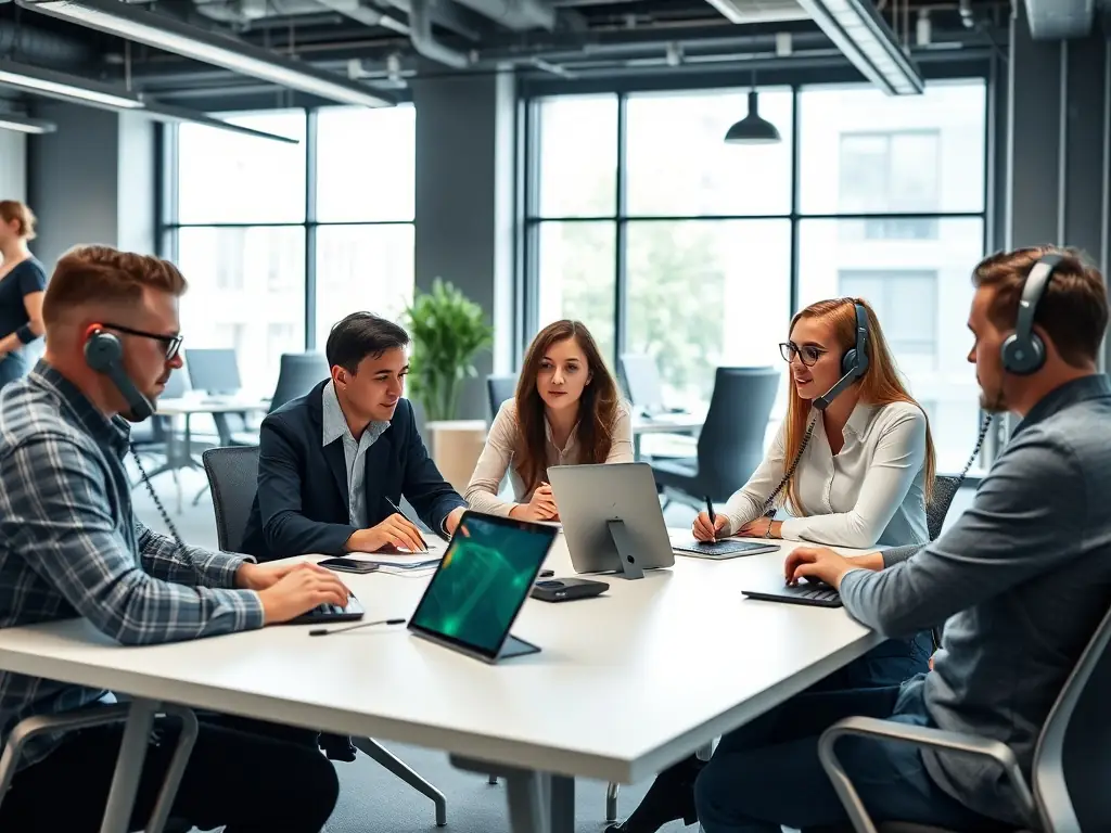 A professional office setting with employees collaborating using VoIP phones, showcasing a modern and efficient communication system.