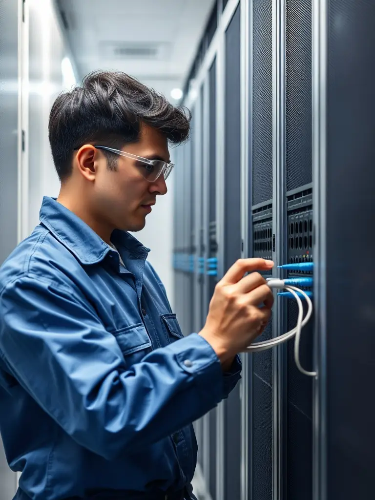 A close-up shot of a technician meticulously terminating a fiber optic cable in a clean, well-lit server room, showcasing precision and attention to detail.