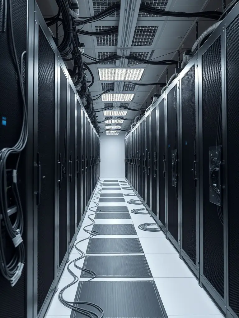 A server room with neatly organized network cables, highlighting the reliability and stability of DataTel 360's network infrastructure.