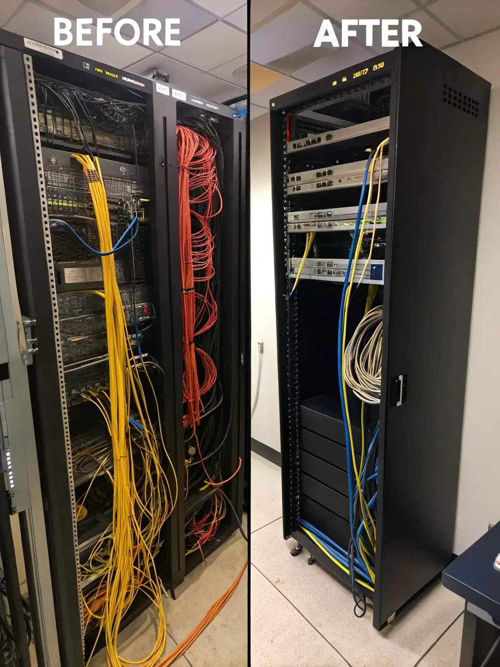A before-and-after shot of a messy, disorganized cabling system transformed into a clean, well-managed system by DataTel 360.