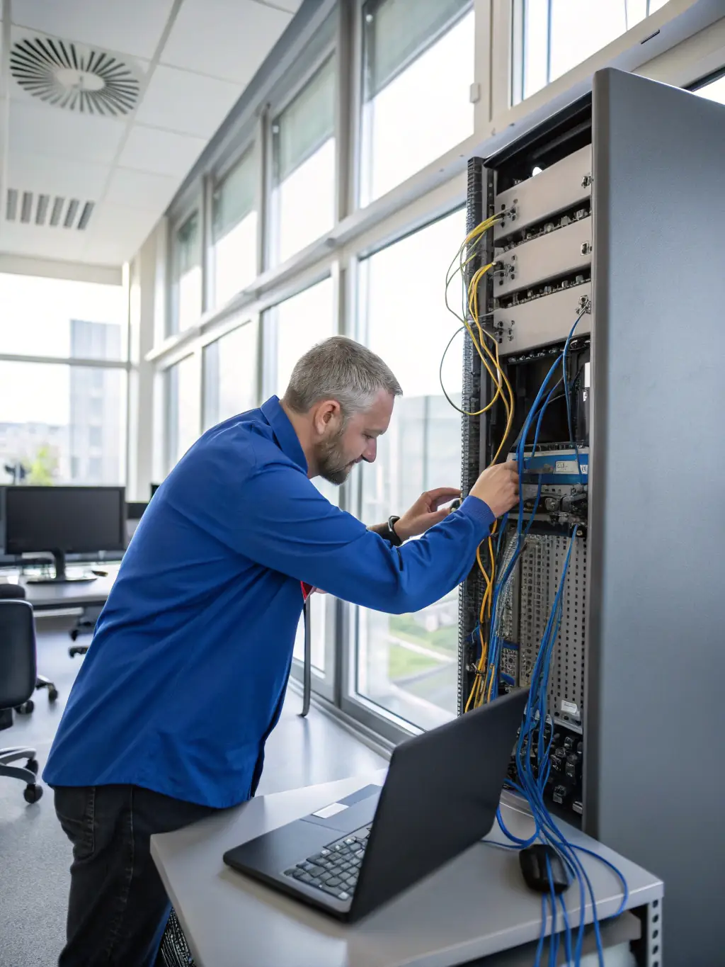 An image of a DataTel 360 technician using a Fluke tester on a newly installed network cable, with a focus on the digital display showing successful test results.