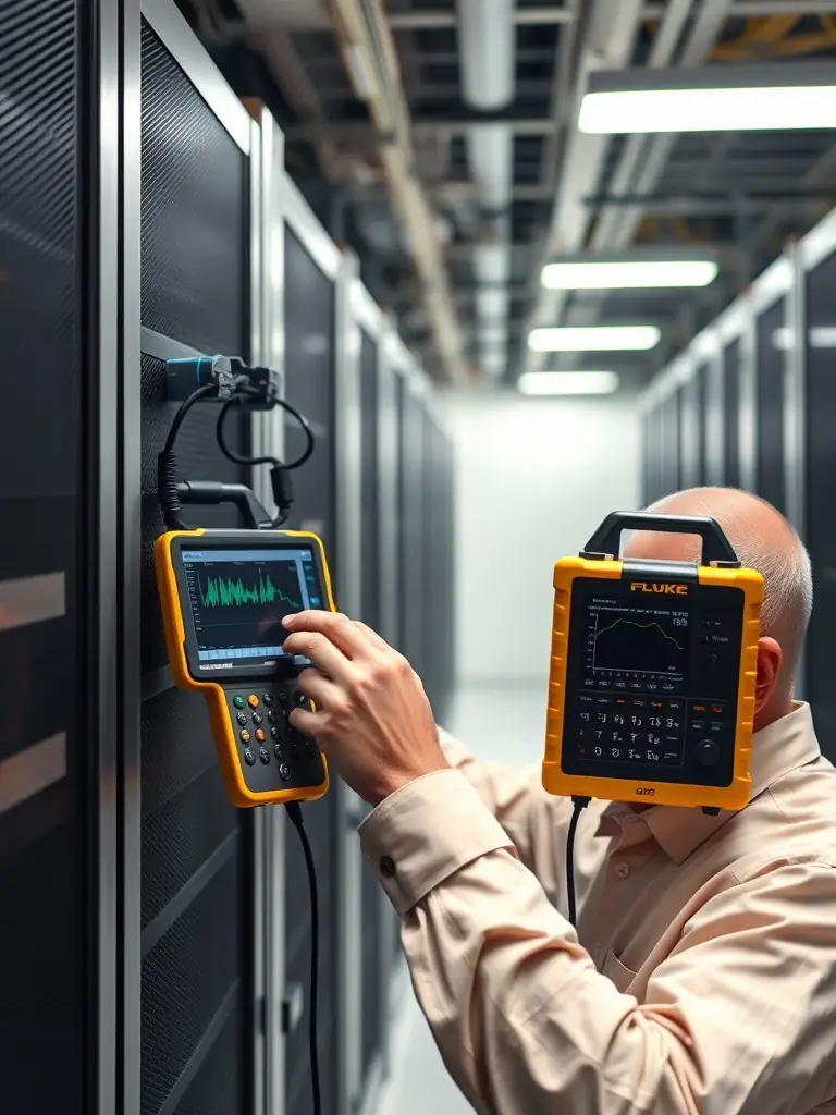 A photo of a DataTel 360 technician using specialized testing equipment to certify a newly installed fiber optic link, demonstrating quality assurance.