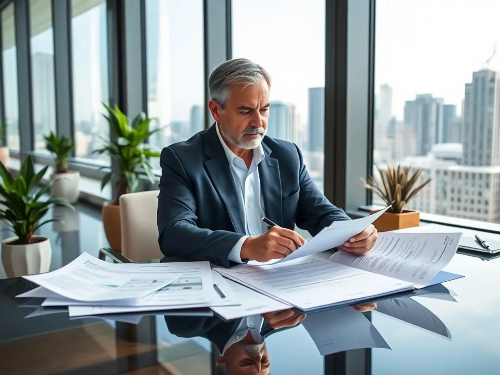 A professional businessman confidently reviewing financial documents in a modern office setting, symbolizing the benefits of preserving cash flow with Affirm financing for IT projects.