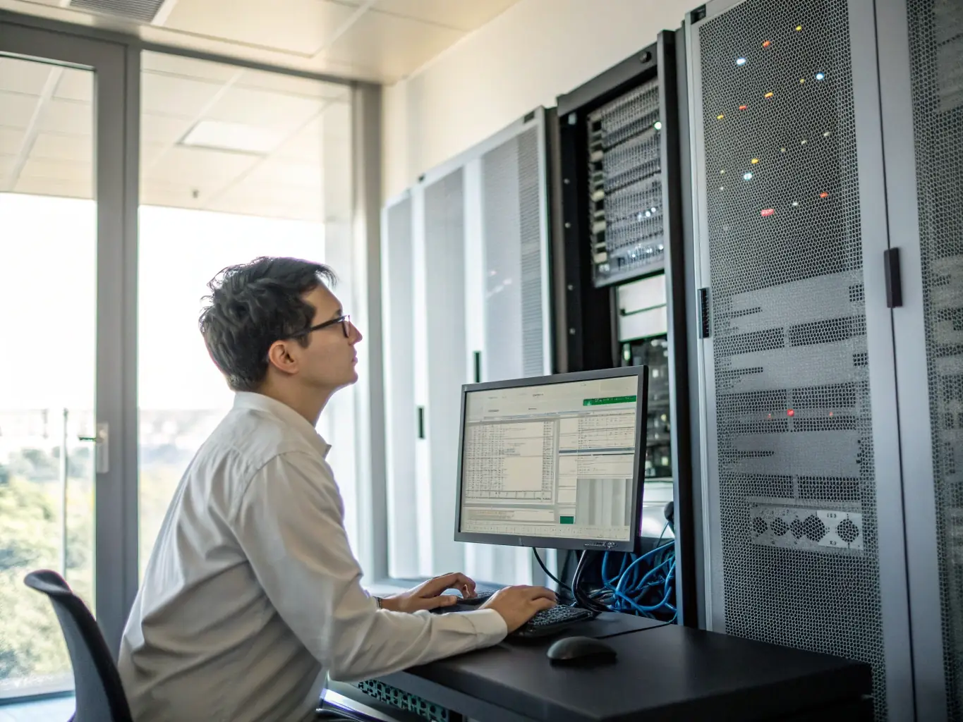 A technician remotely troubleshooting a phone system issue on a laptop, showcasing DataTel 360's remote support capabilities.