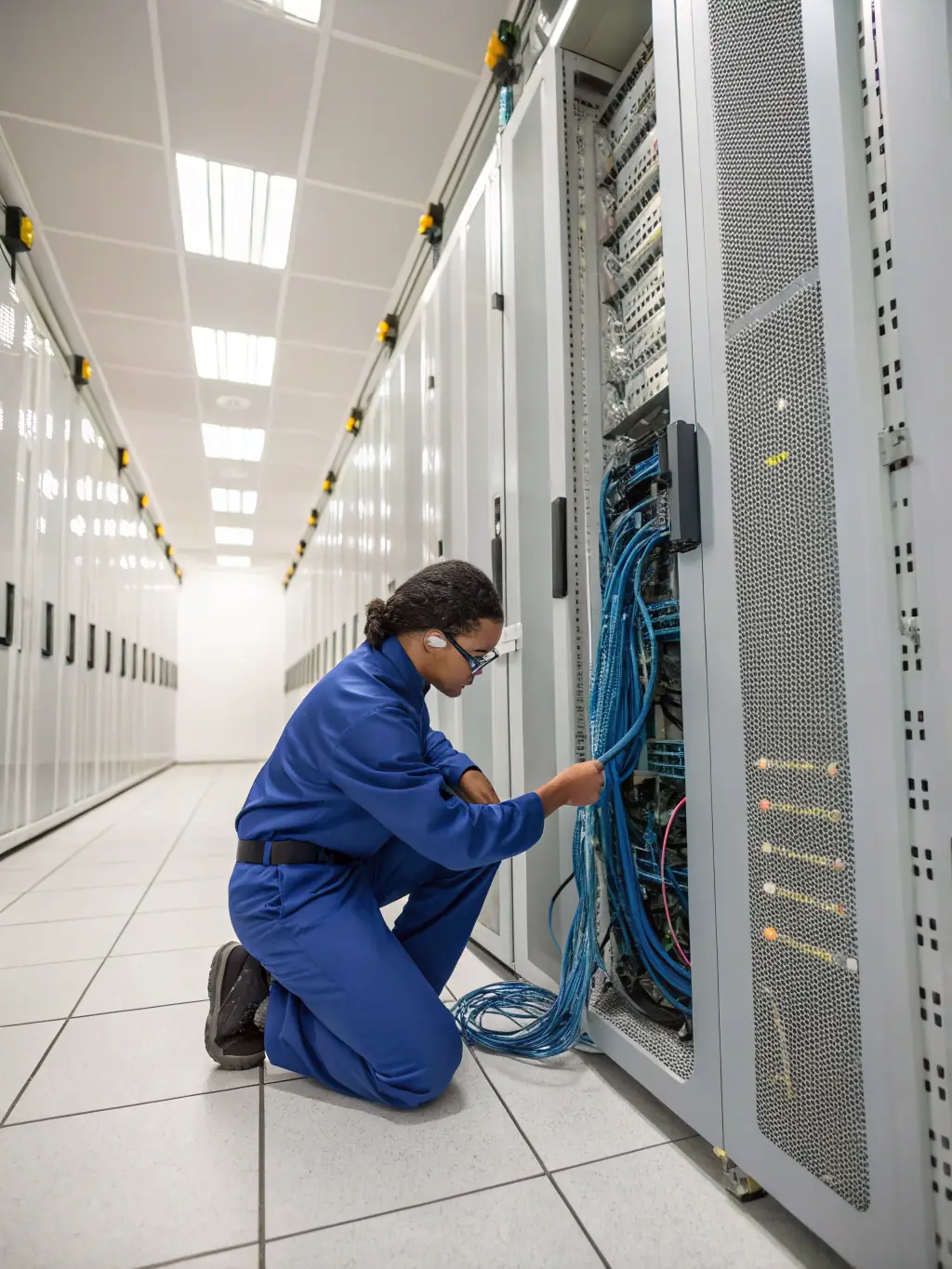 A network technician installing cabling in a large warehouse, with multiple locations visible in the background, representing a multi-location deployment.