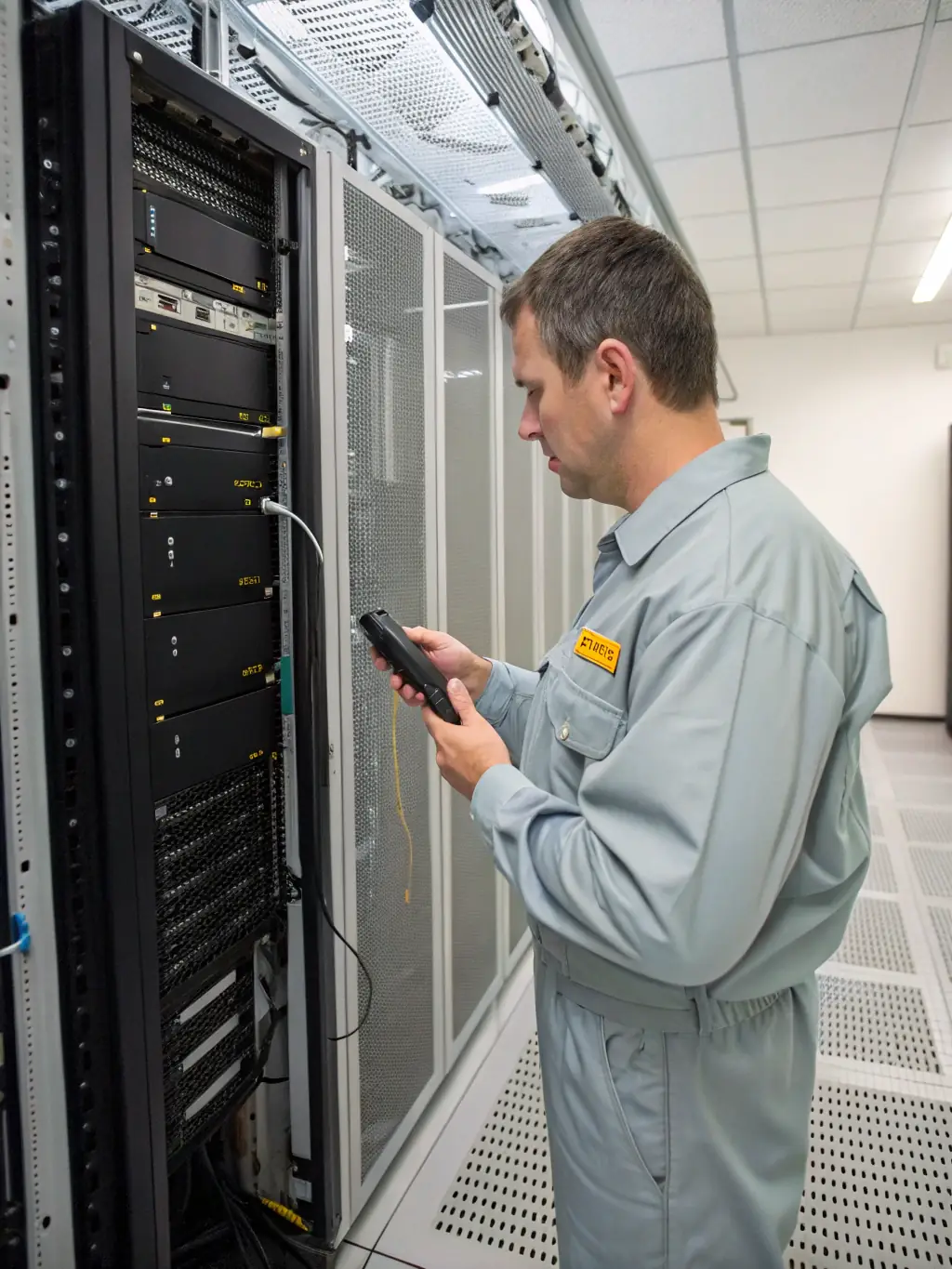 A technician using diagnostic tools to troubleshoot a network issue in a server room, showcasing the expertise in network troubleshooting.