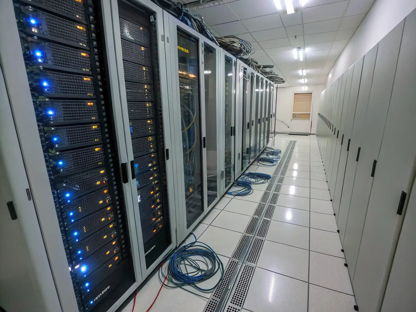 A modern office environment showcasing a clean, organized server room with neatly arranged cabling and blinking server lights, symbolizing reliable network infrastructure.