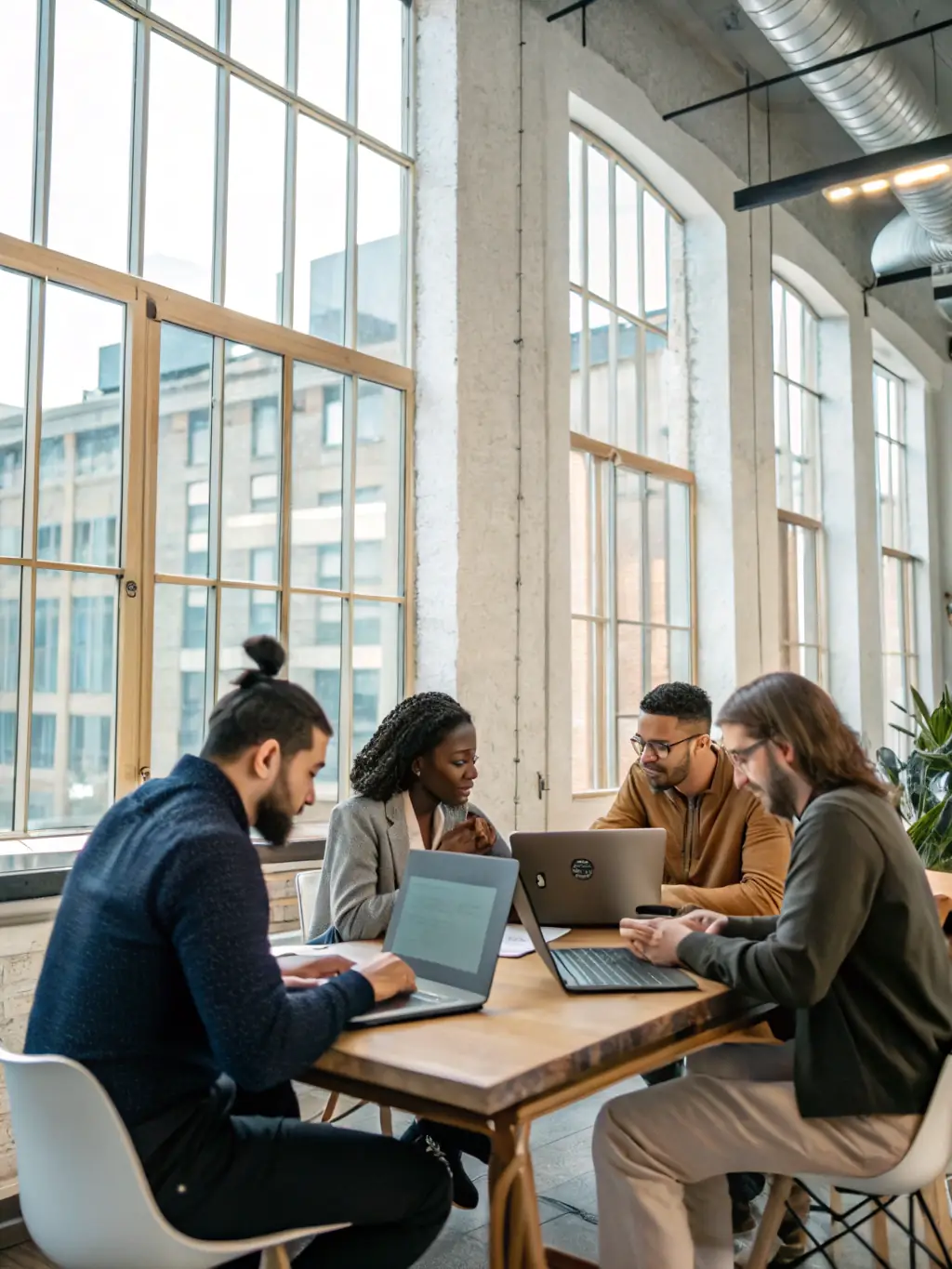 A professional office setting with employees working efficiently, showcasing the cost-effectiveness of VoIP systems by reducing traditional phone expenses.