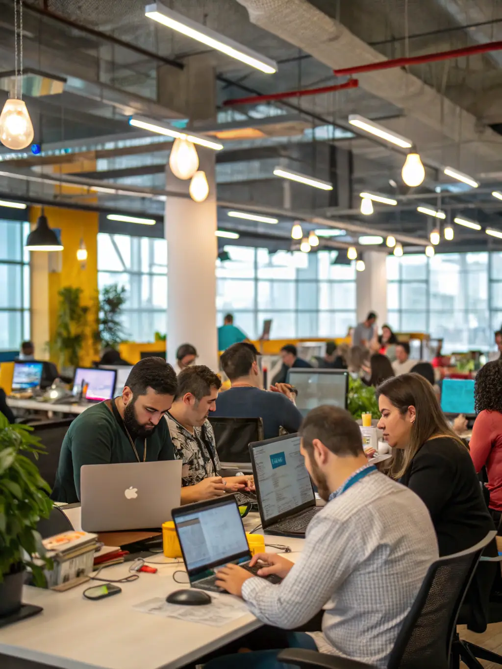 A professional, well-lit photograph of a modern office space with employees collaborating using Intermedia Unite on their computers and mobile devices, showcasing seamless communication.