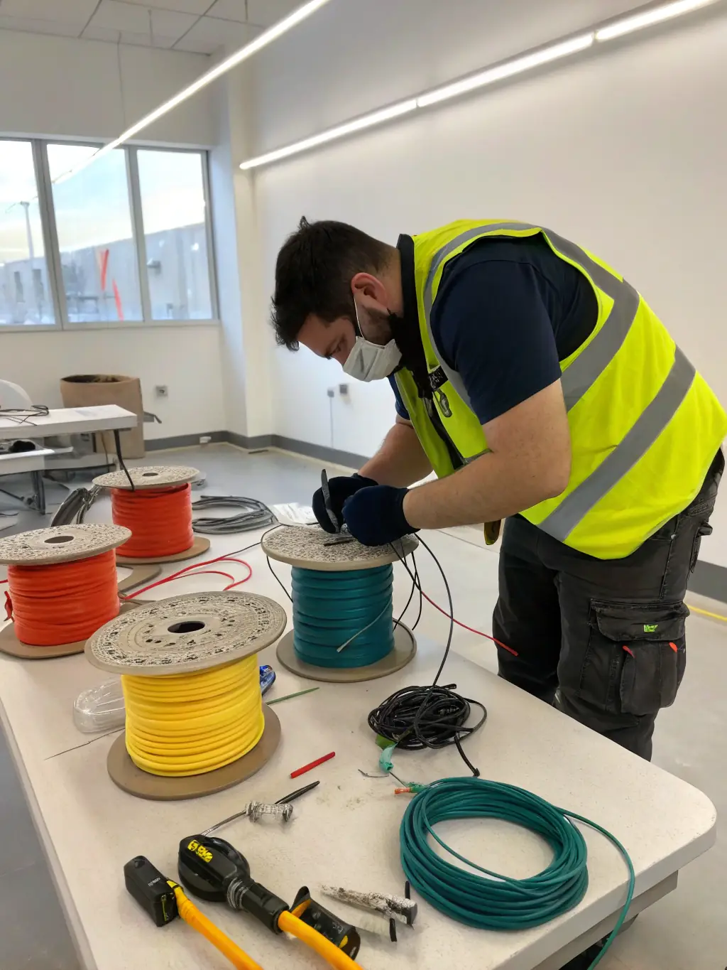 A technician in a cleanroom environment carefully inspecting a fiber optic cable using specialized equipment, ensuring quality and precision.