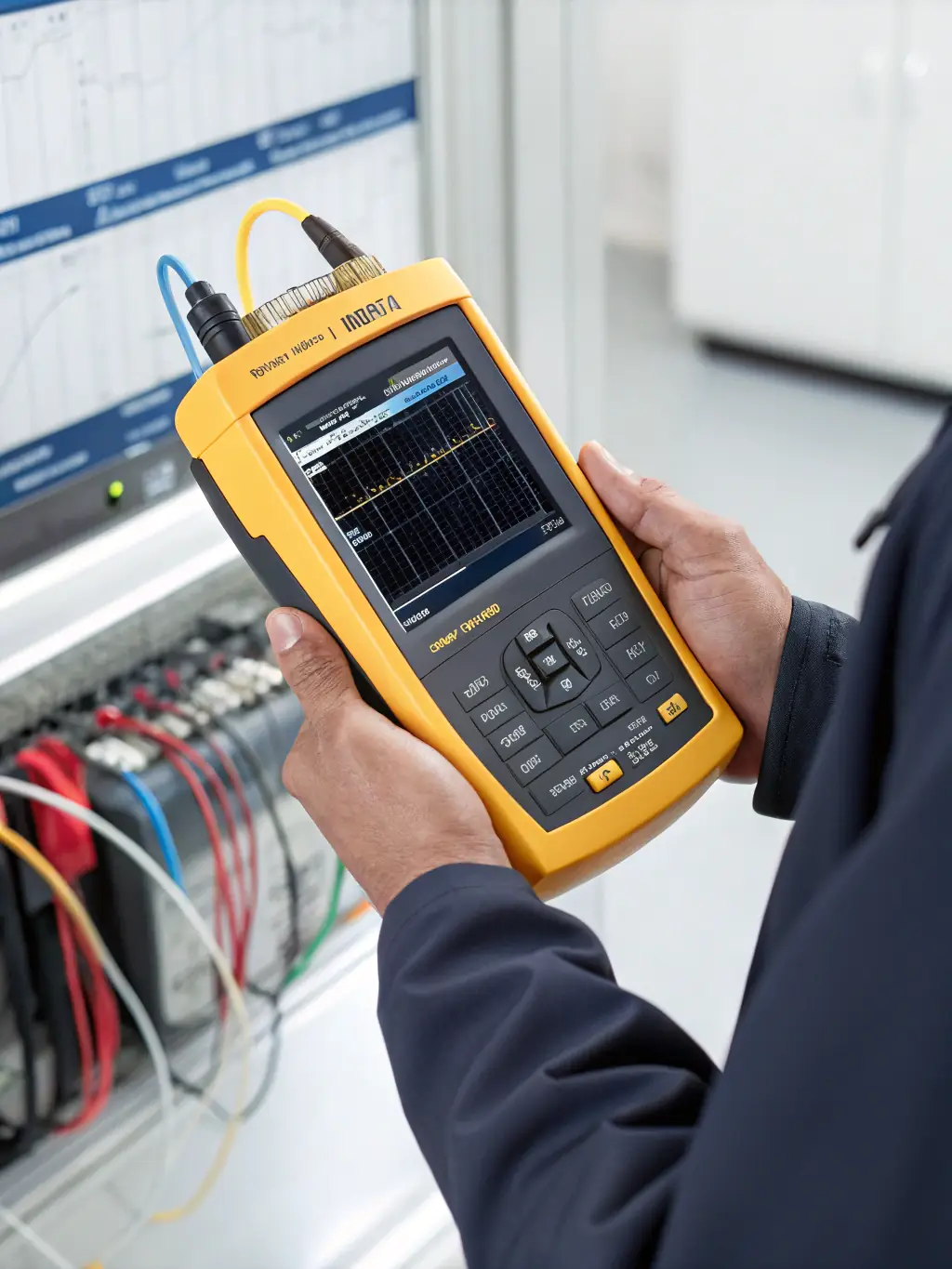 A close-up shot of a Fluke Networks cable analyzer displaying a successful cable certification test result, emphasizing the precision and reliability of DataTel 360's installations.