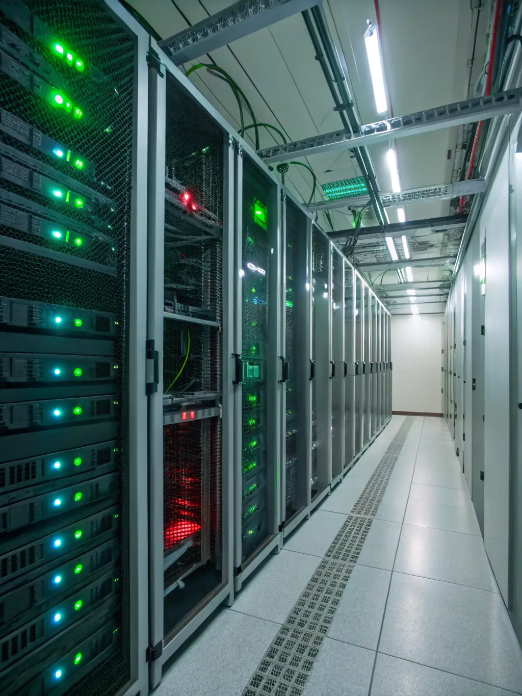 A neat and organized server room with color-coded cables, highlighting the order and efficiency of a structured cabling system.
