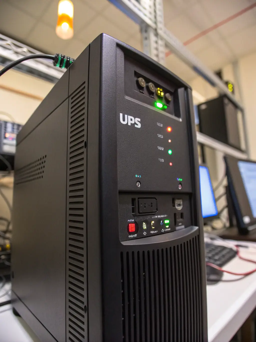 An illustration depicting a power outage with a UPS backup system seamlessly keeping a VoIP phone system running, emphasizing the importance of power redundancy.