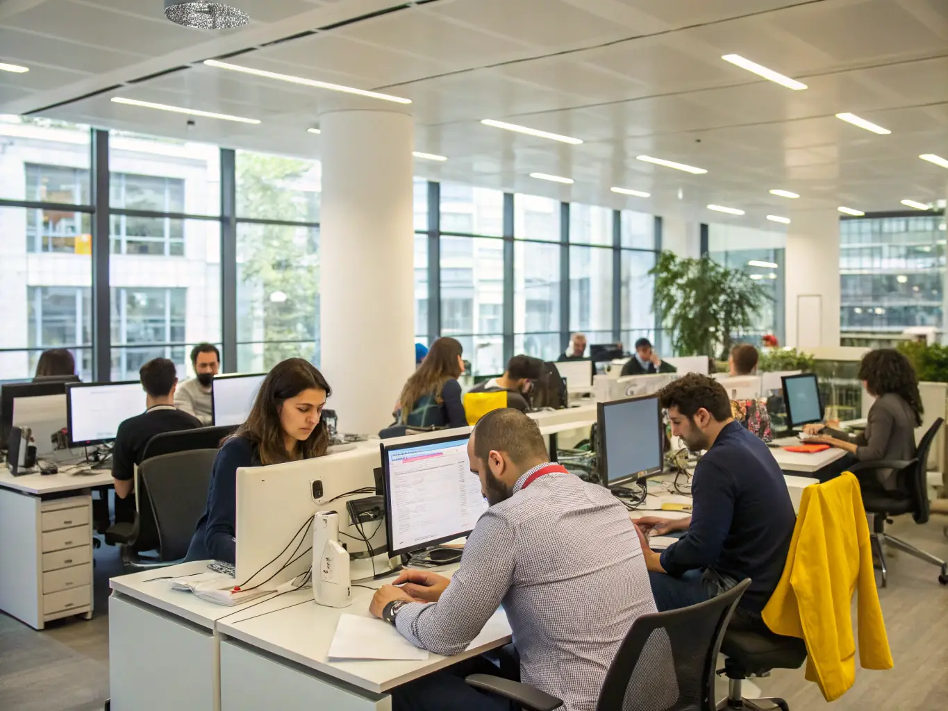 A modern office setting with employees collaborating seamlessly, showcasing the benefits of advanced call management features.