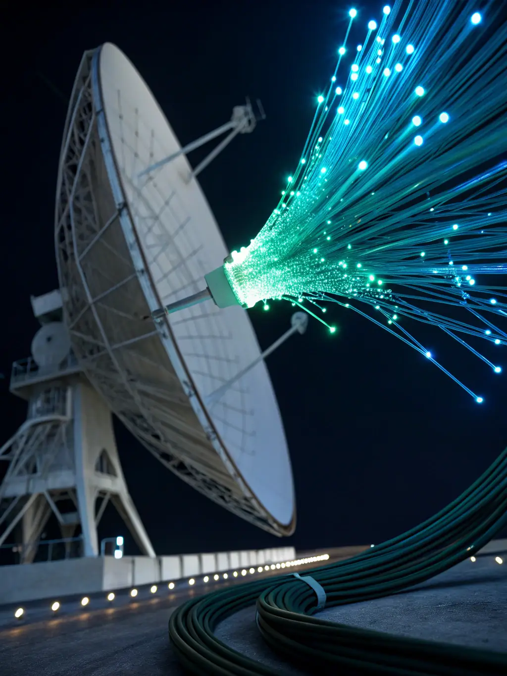 A close-up shot of a fiber optic cable transmitting data, with light streaks representing speed and bandwidth, in a modern office setting.