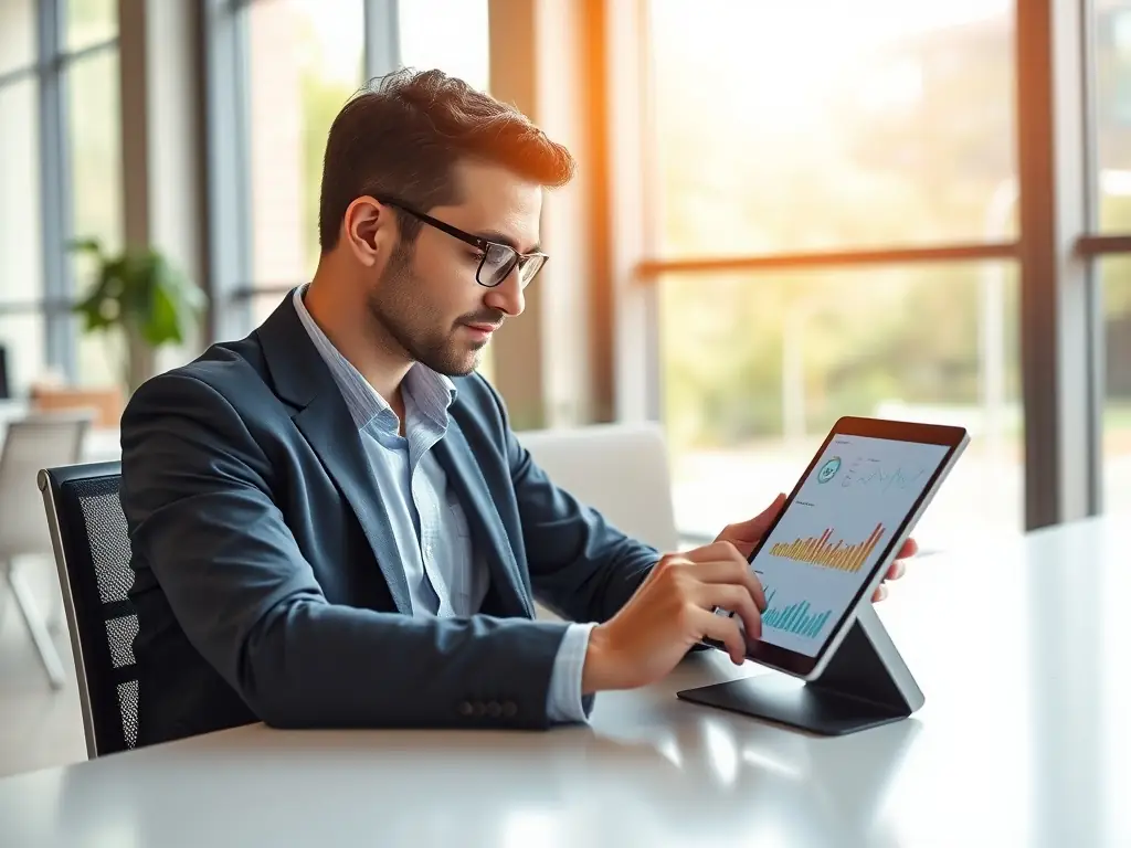 A person reviewing financing options on a tablet, with a focus on monthly payment plans and clear terms, in a modern office setting.