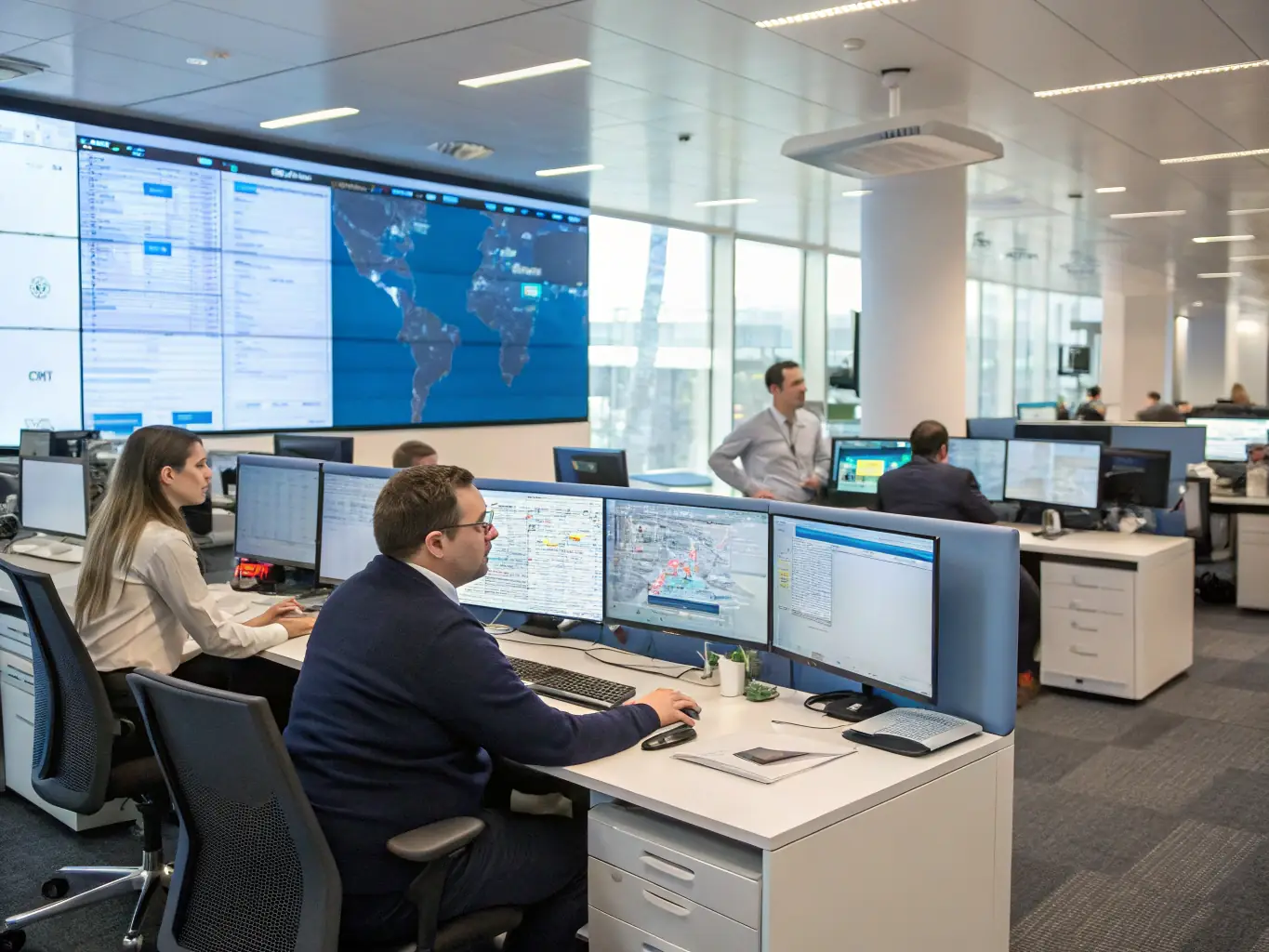 An office environment with organized cabling and modern VoIP phones, illustrating the improved efficiency and productivity resulting from DataTel 360's solutions.