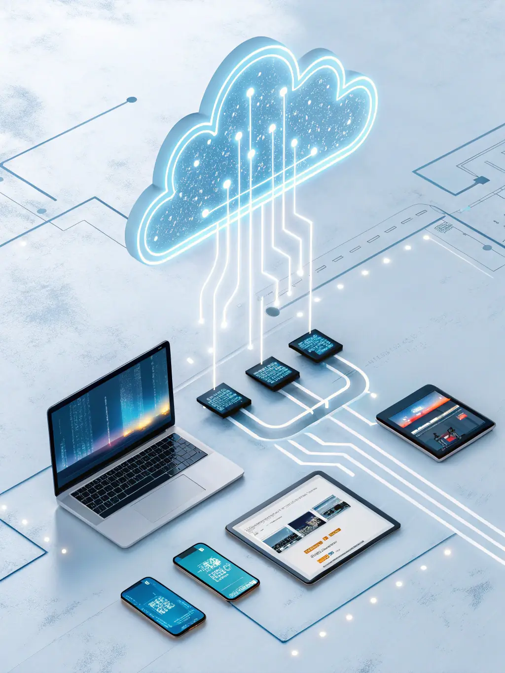A graphic illustrating a network expanding and connecting multiple devices, representing the scalability of DataTel 360's solutions.