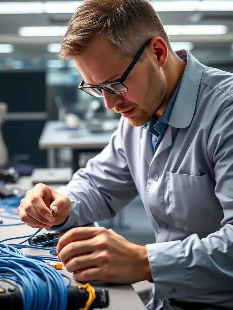 A close-up shot of a DataTel 360 technician splicing and terminating fiber optic cables with precision tools, highlighting the clean and professional workspace.