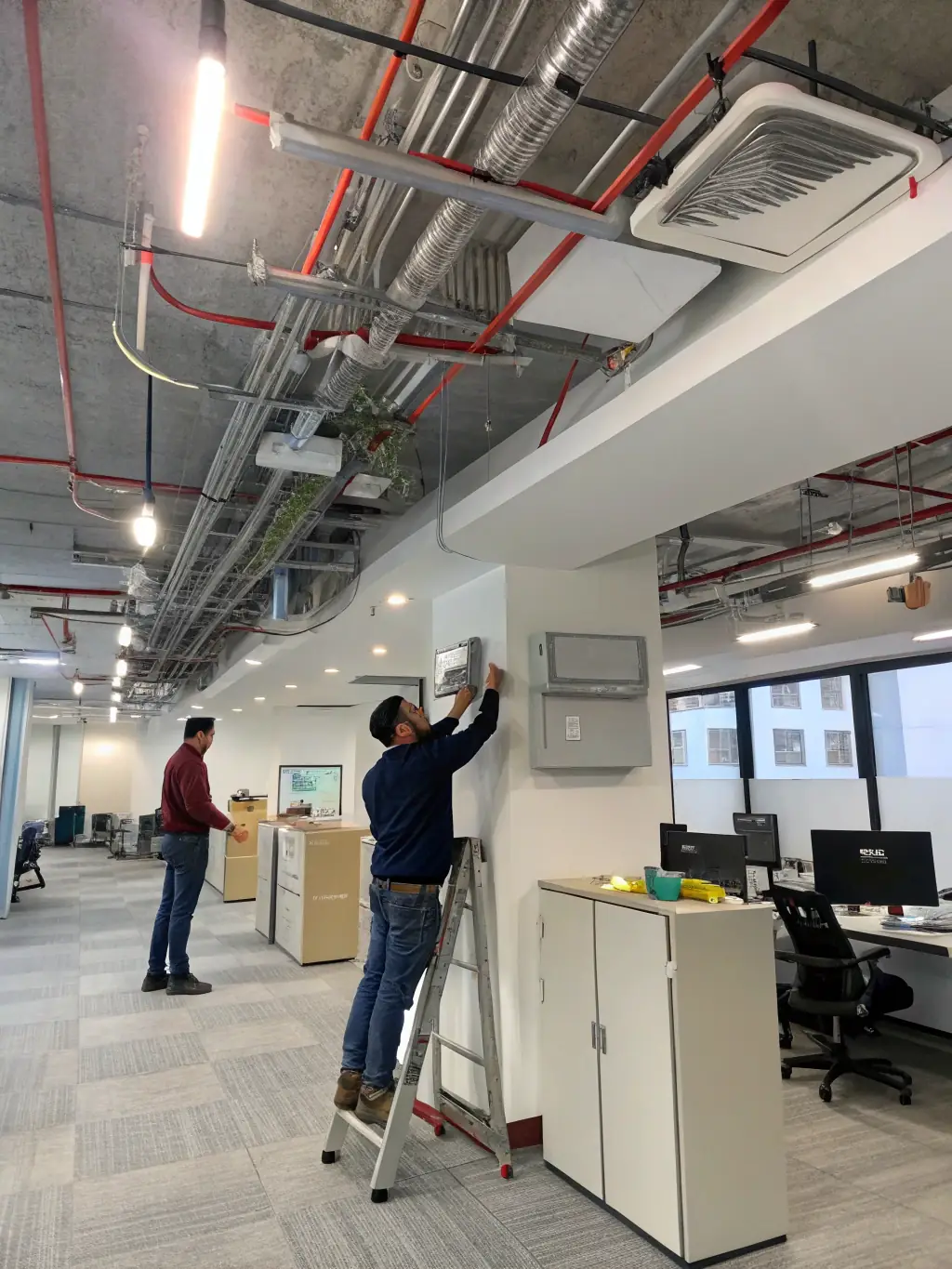 A modern office space with visible, neatly organized low voltage cabling running along the ceiling and walls, connecting various devices and systems. The image should convey a sense of order, efficiency, and technological advancement.